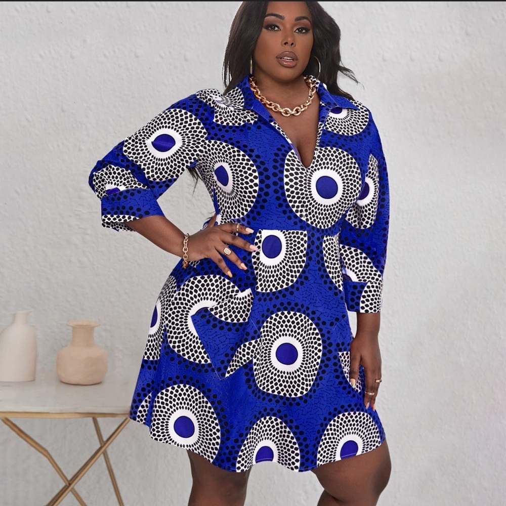 SHEIN Blue Multi Geo Print V-Neck Hidden Pocket plus size Dress- 4XL - Picture 6 of 6